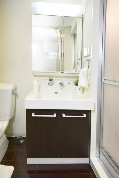 独立洗面台（Bタイプ）身だしなみチェックがしやすい大きな鏡。鏡の裏側も収納です。※モデルルームのため小物は付きません。