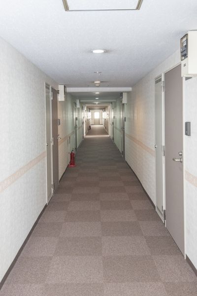 共用廊下　内廊下で外部からは玄関が見えない造りになっています。