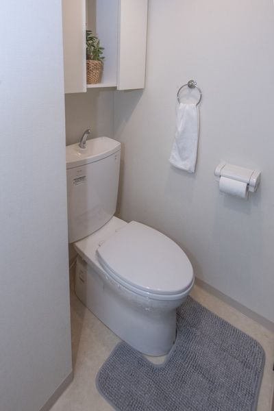 トイレ（Aタイプ）　上部に収納があり便利です。※モデルルームのため小物は付きません